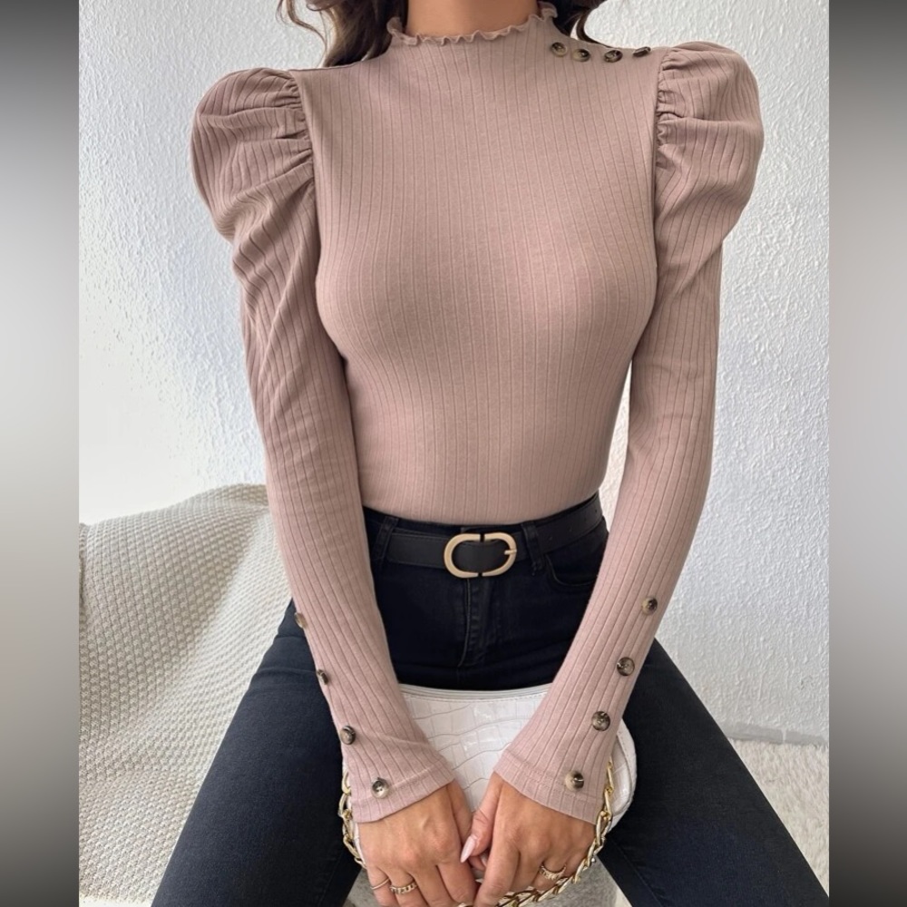 Luxe dusty pink button detail gigot sleeve business casual top